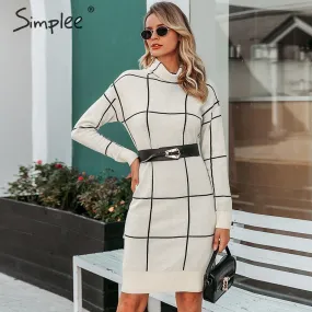 Elegant knitted Long sleeve turtleneck plaid Winter straight chic pullover sweater dress