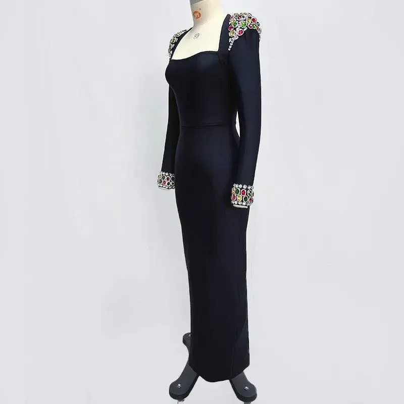 Emmy Handmade Rhinestones Design Maxi Dress