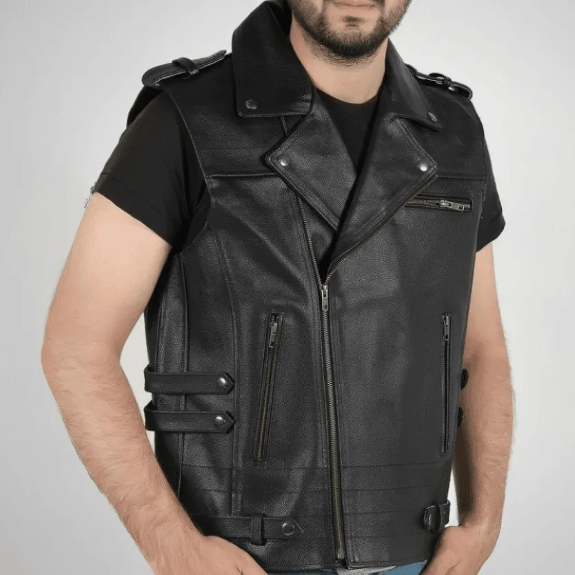 Enigma Black Leather Vest Men