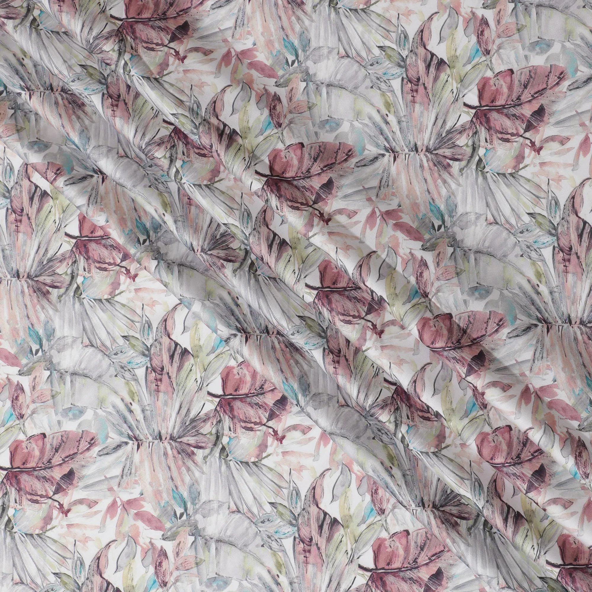 Ethereal White with Abstract Floral Cotton Satin Fabric, 110 cm Width-20071