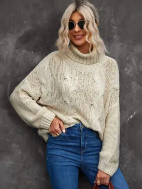 Explore More Collection - Cable-Knit Turtleneck Dropped Shoulder Sweater