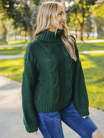 Explore More Collection - Cable-Knit Turtleneck Dropped Shoulder Sweater