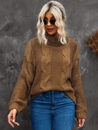 Explore More Collection - Cable-Knit Turtleneck Dropped Shoulder Sweater