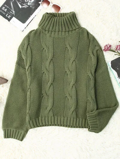 Explore More Collection - Cable-Knit Turtleneck Dropped Shoulder Sweater