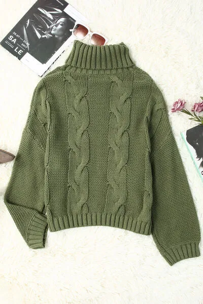 Explore More Collection - Cable-Knit Turtleneck Dropped Shoulder Sweater