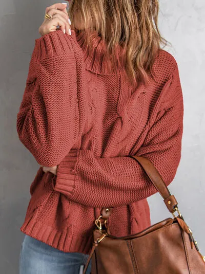 Explore More Collection - Cable-Knit Turtleneck Dropped Shoulder Sweater