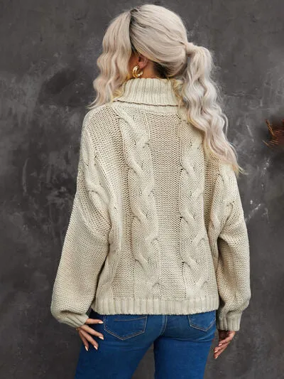 Explore More Collection - Cable-Knit Turtleneck Dropped Shoulder Sweater