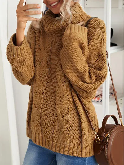 Explore More Collection - Cable-Knit Turtleneck Dropped Shoulder Sweater