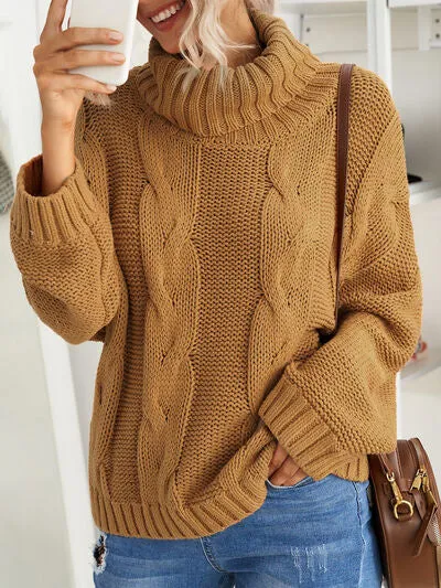 Explore More Collection - Cable-Knit Turtleneck Dropped Shoulder Sweater