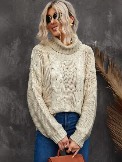 Explore More Collection - Cable-Knit Turtleneck Dropped Shoulder Sweater