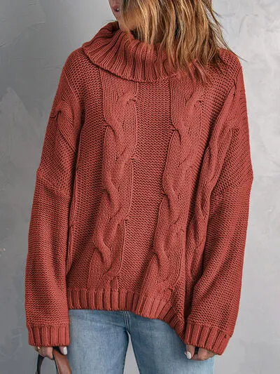 Explore More Collection - Cable-Knit Turtleneck Dropped Shoulder Sweater