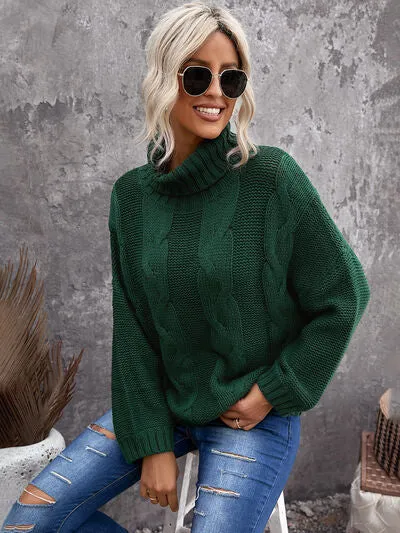 Explore More Collection - Cable-Knit Turtleneck Dropped Shoulder Sweater