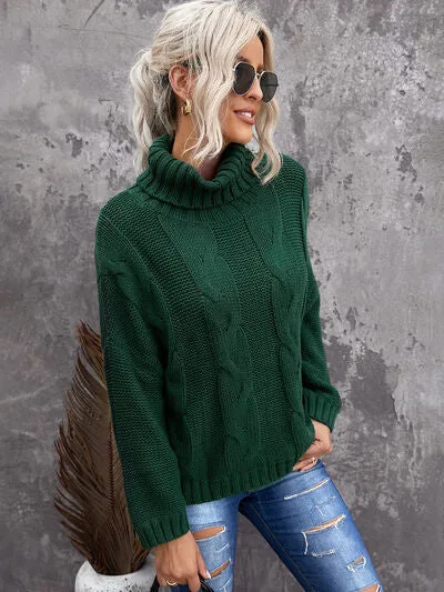 Explore More Collection - Cable-Knit Turtleneck Dropped Shoulder Sweater