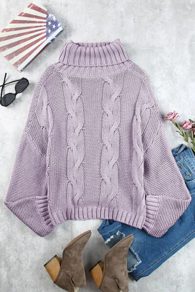 Explore More Collection - Cable-Knit Turtleneck Dropped Shoulder Sweater