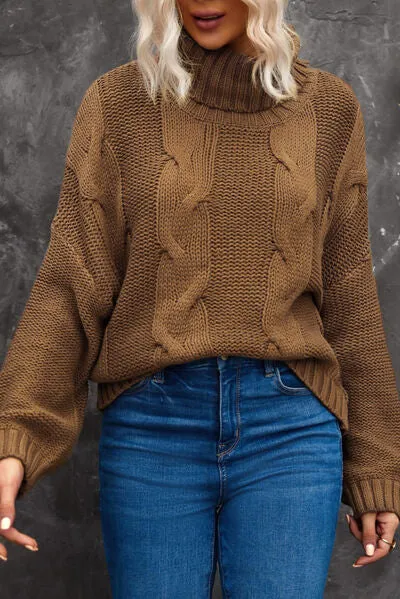 Explore More Collection - Cable-Knit Turtleneck Dropped Shoulder Sweater