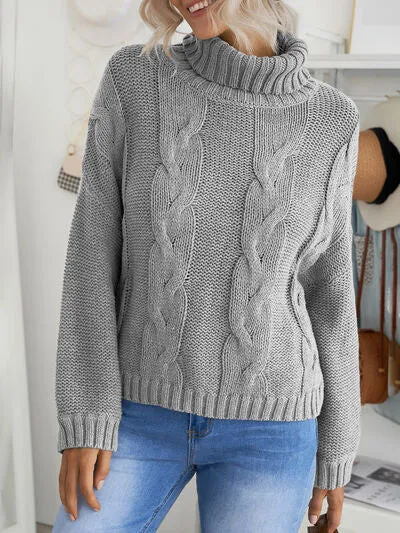 Explore More Collection - Cable-Knit Turtleneck Dropped Shoulder Sweater