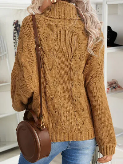 Explore More Collection - Cable-Knit Turtleneck Dropped Shoulder Sweater