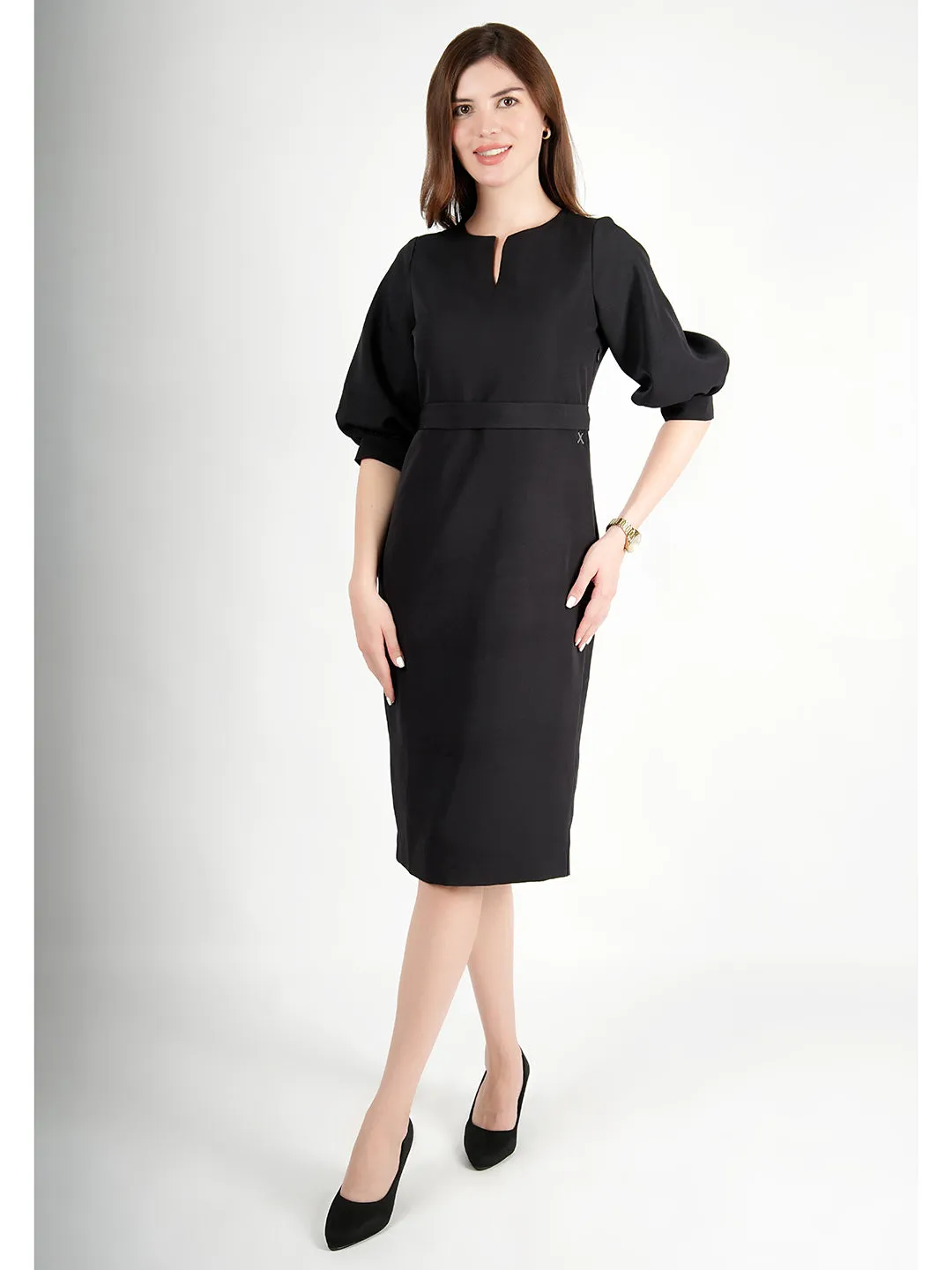 Exude Bright Low 3/4 Puff Sleeve Dress (Black)