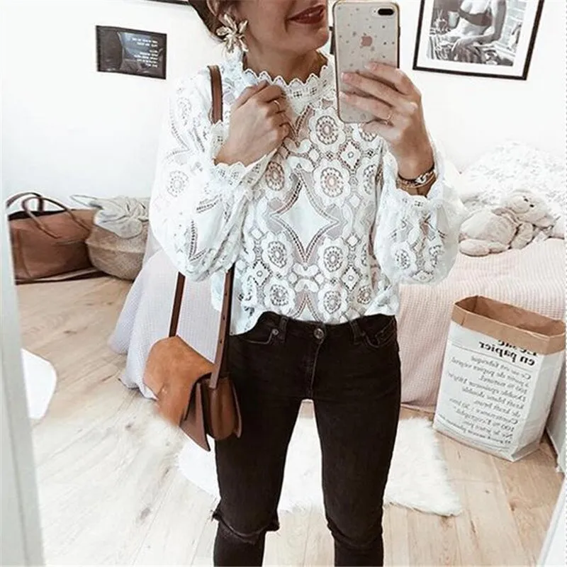 Fashionkova  Women Lace Embroidery Blouse Shirts Elegant Formal Long Sleeve Shirts Office Lady Flower Hollow Tops Women Clothing