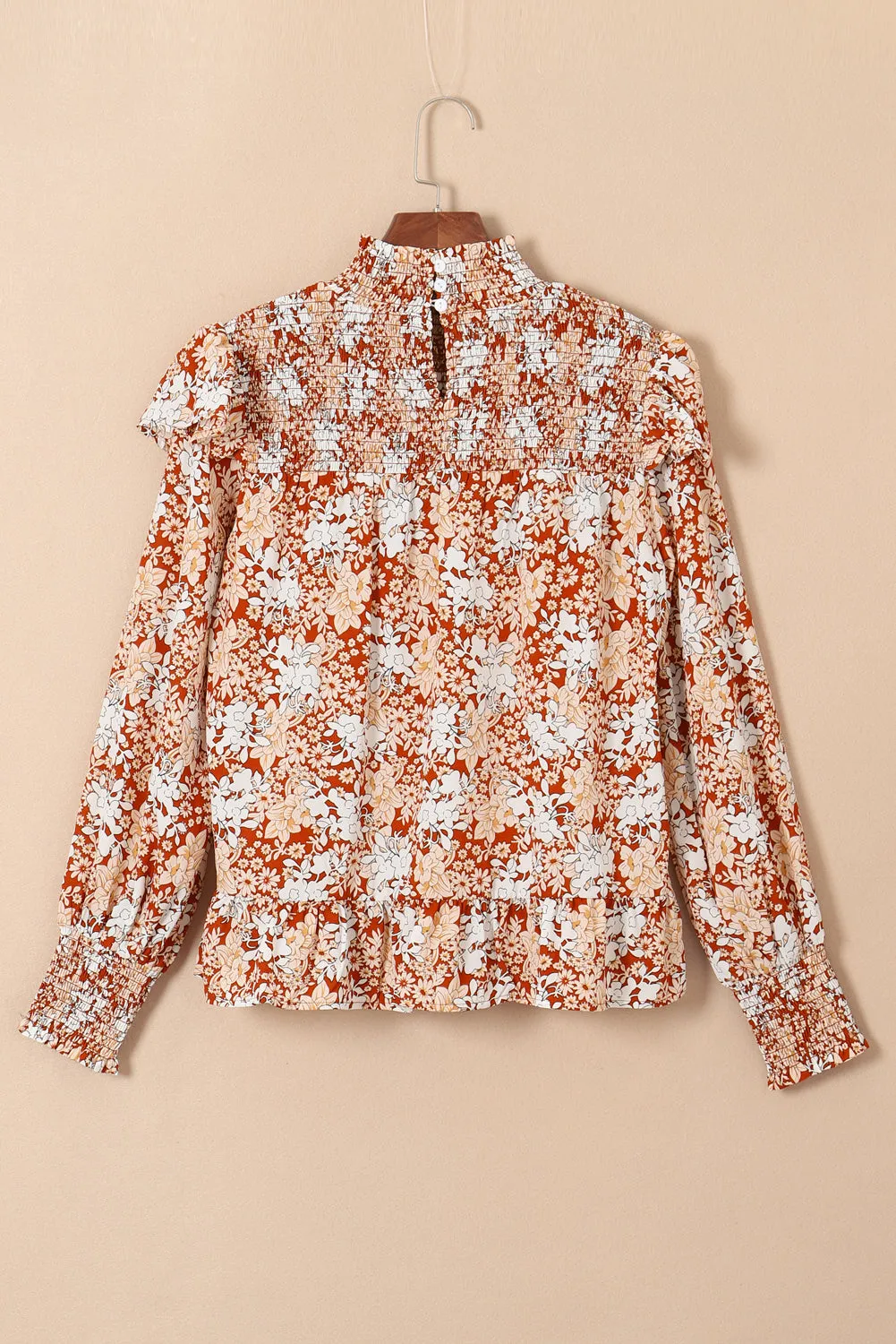 Floral Ruffle Smocked Turtleneck Blouse