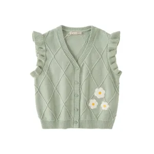 Flower Embroidery Girl Cable Knitted Green Vest