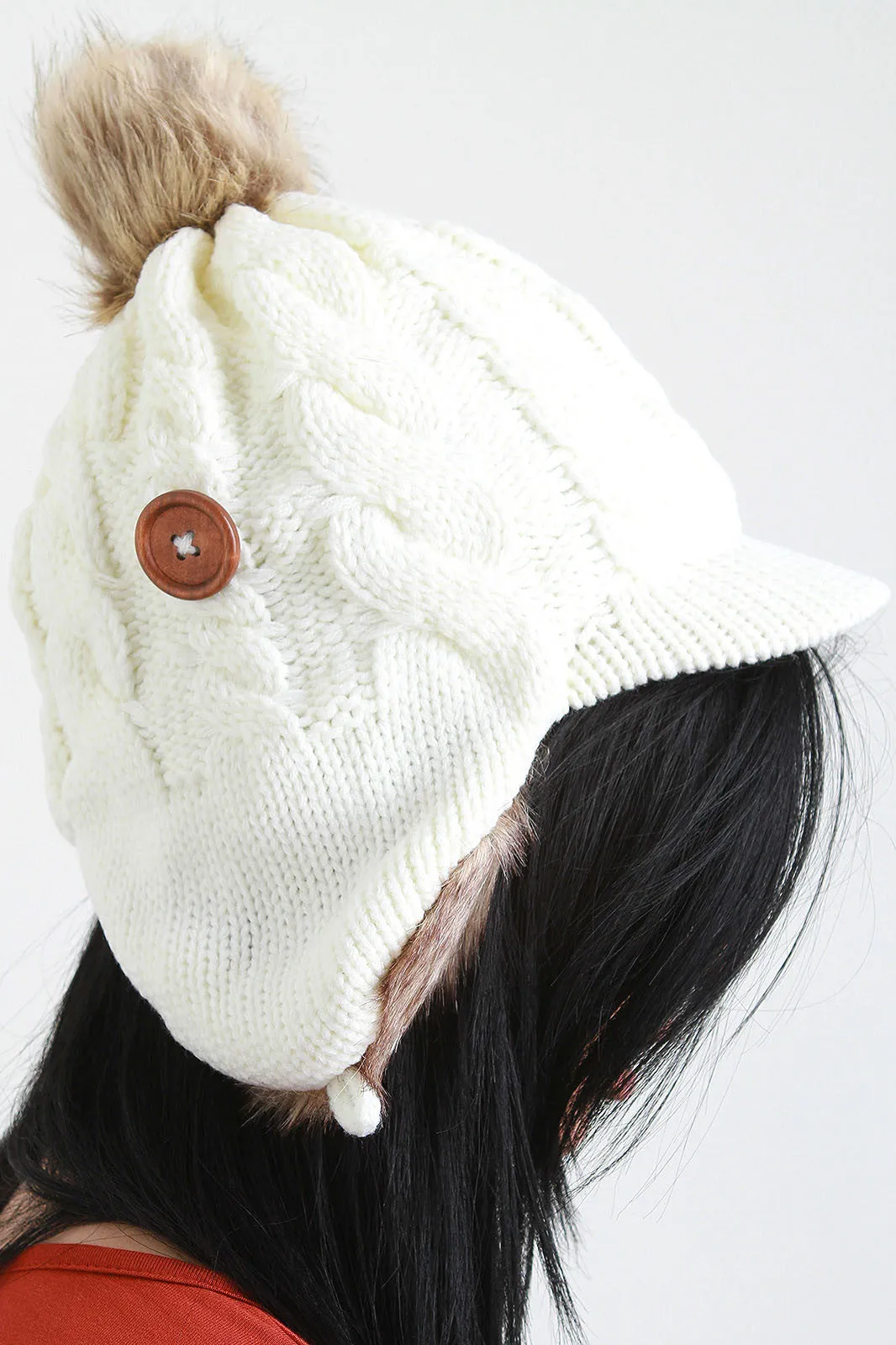 Fur And Knit Earflap Hat With Bill