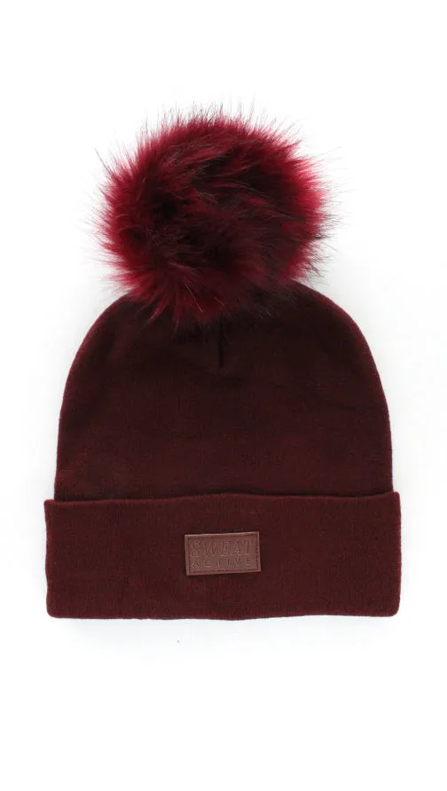 Fur Pom Beanie Hat - Burgundy