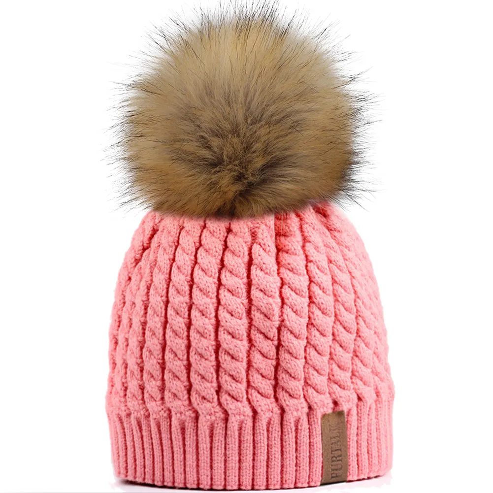 FURTALK Winter Women Faux Fur PomPom Hat Twist Drop Shipping HTWL003