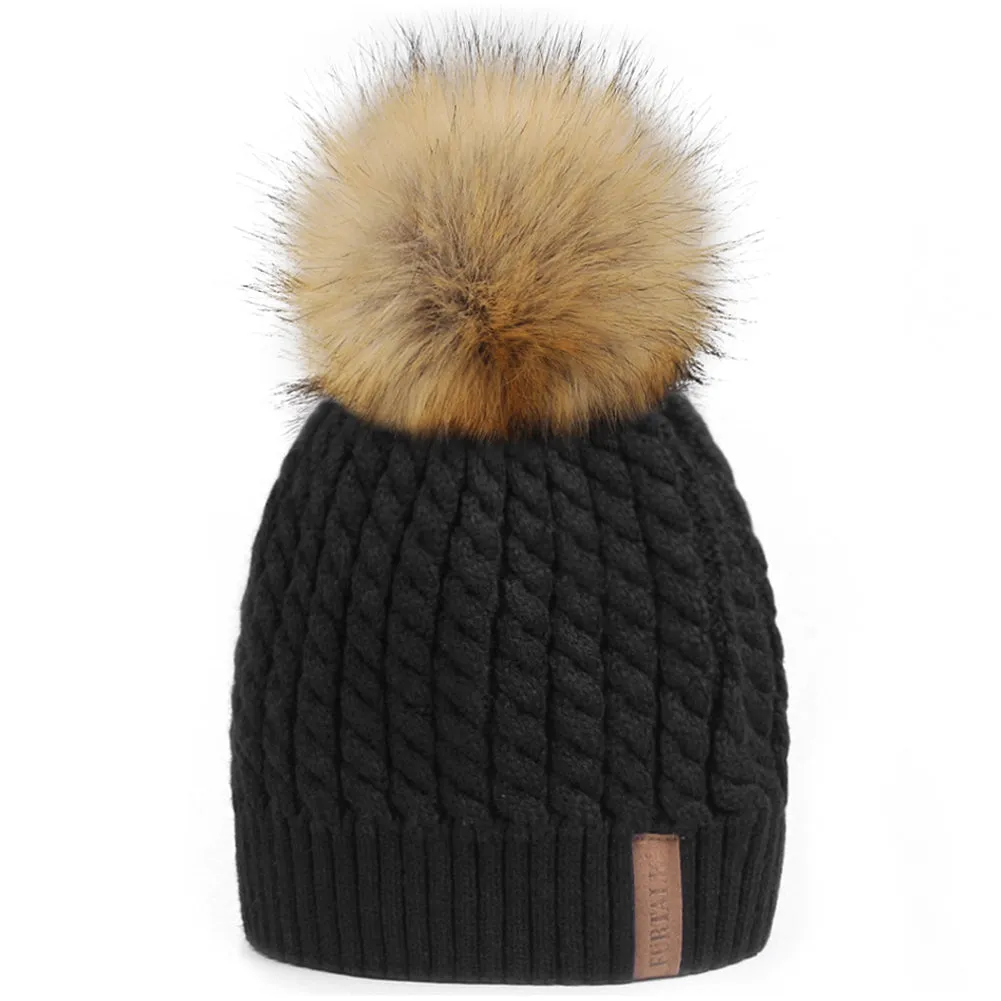 FURTALK Winter Women Faux Fur PomPom Hat Twist Drop Shipping HTWL003