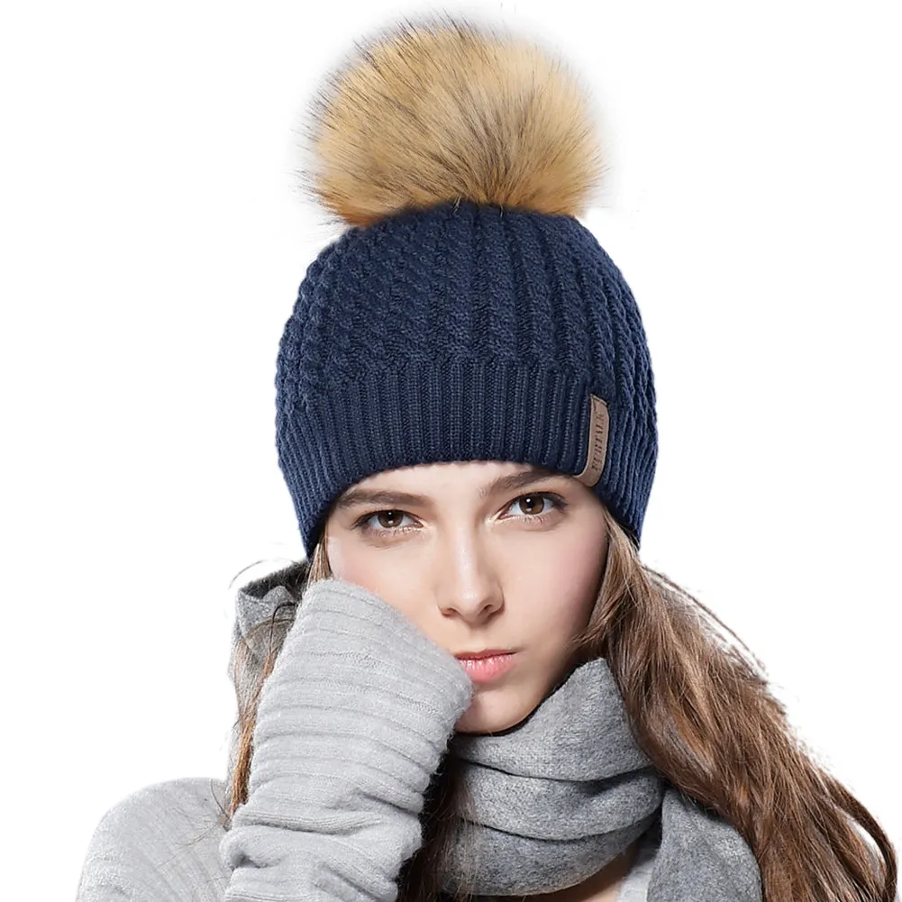 FURTALK Winter Women Faux Fur PomPom Hat Twist Drop Shipping HTWL003