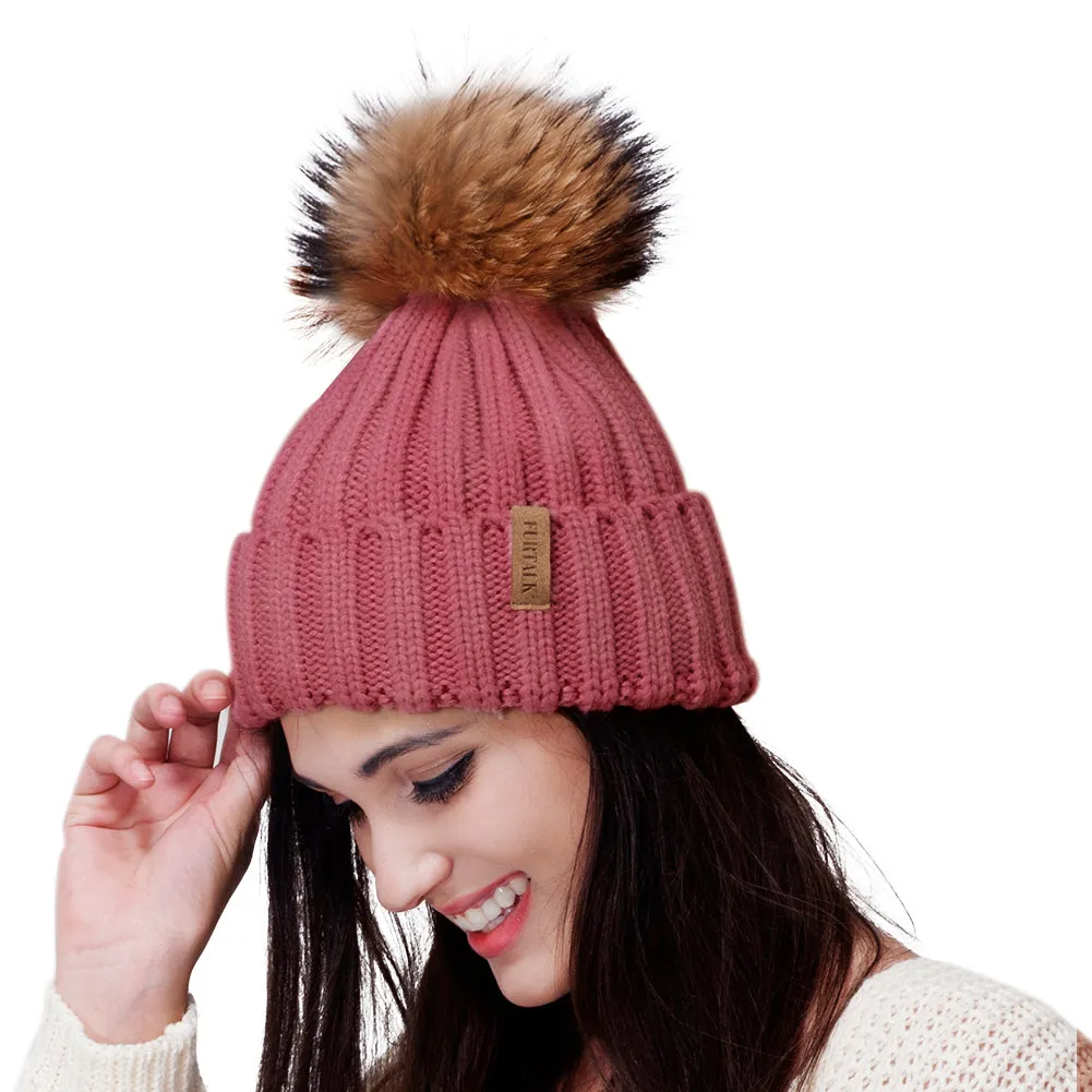 FURTALK Winter Women  Real Fur PomPom Hat  Drop Shipping HTWL001