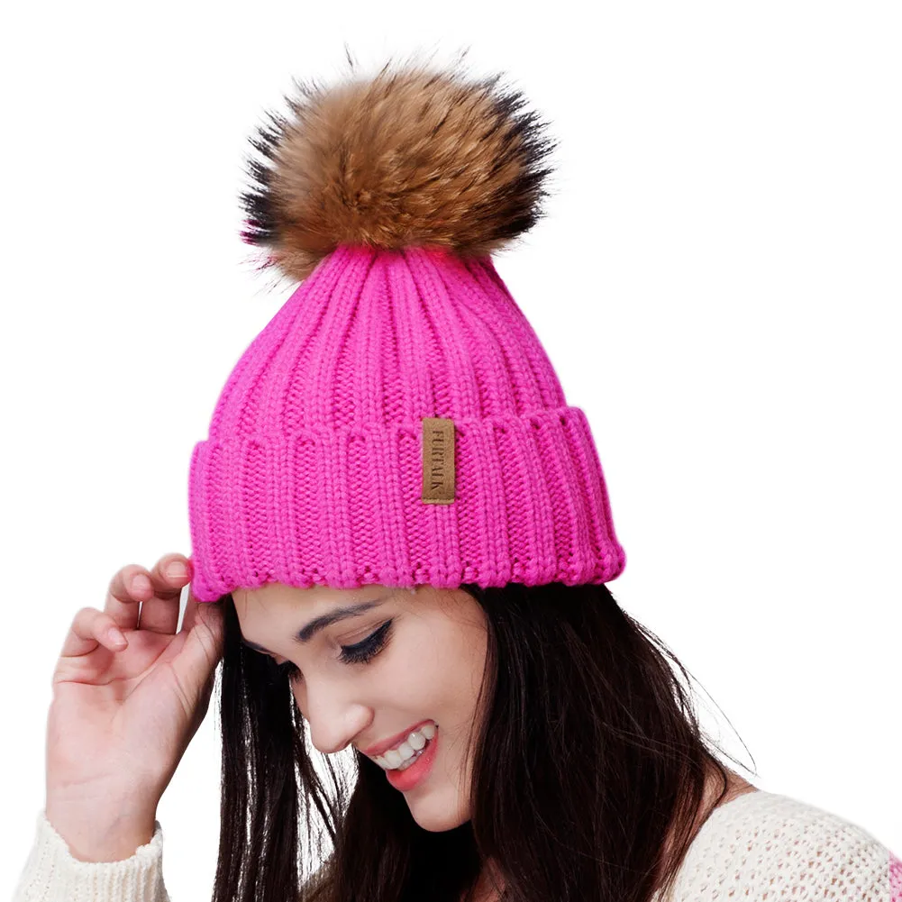 FURTALK Winter Women  Real Fur PomPom Hat  Drop Shipping HTWL001