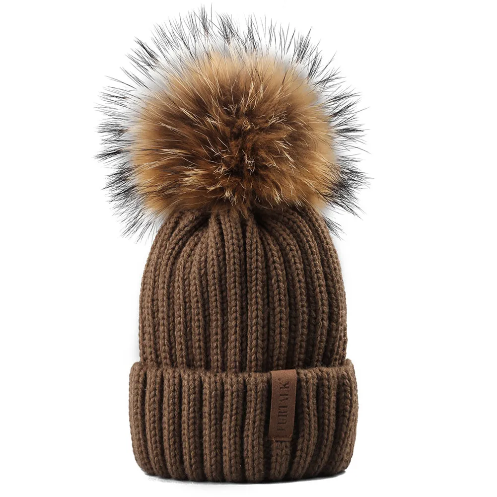 FURTALK Winter Women  Real Fur PomPom Hat  Drop Shipping HTWL001