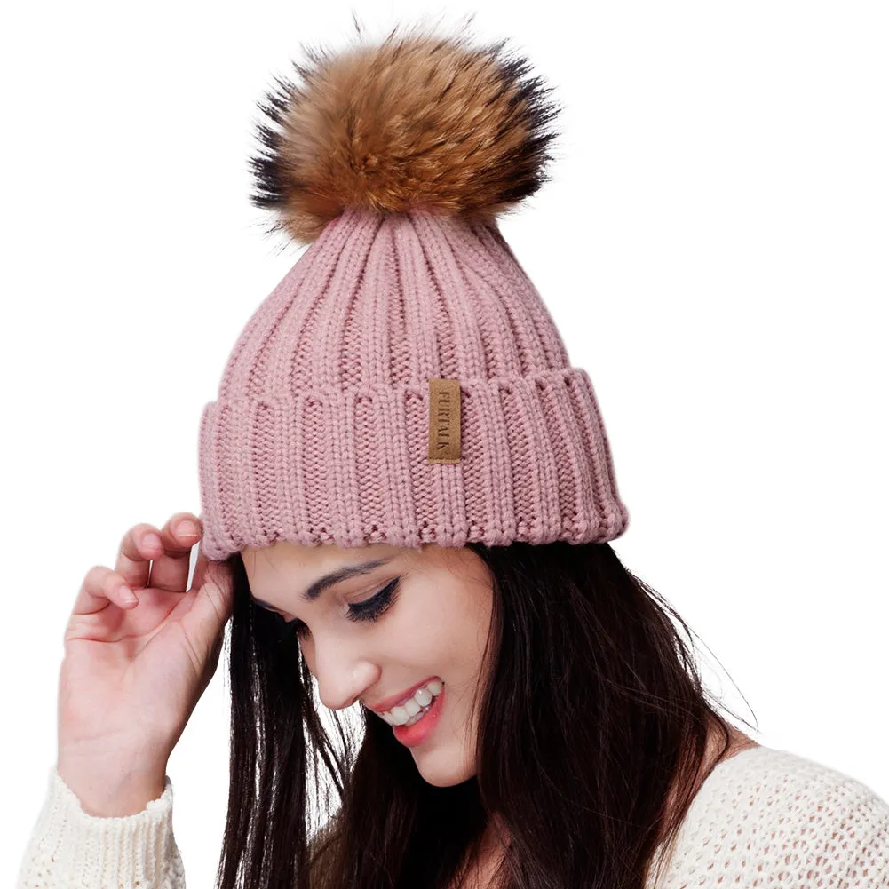 FURTALK Winter Women  Real Fur PomPom Hat  Drop Shipping HTWL001