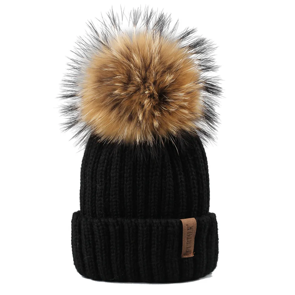 FURTALK Winter Women  Real Fur PomPom Hat  Drop Shipping HTWL001