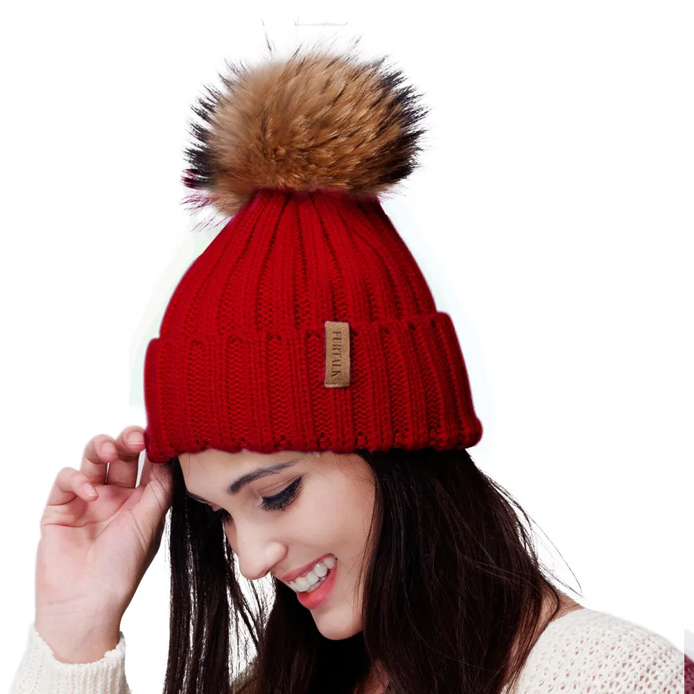 FURTALK Winter Women  Real Fur PomPom Hat  Drop Shipping HTWL001