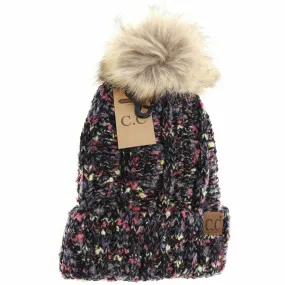 Fuzzy Lined Popcorn Confetti Fur Pom Pom Hat