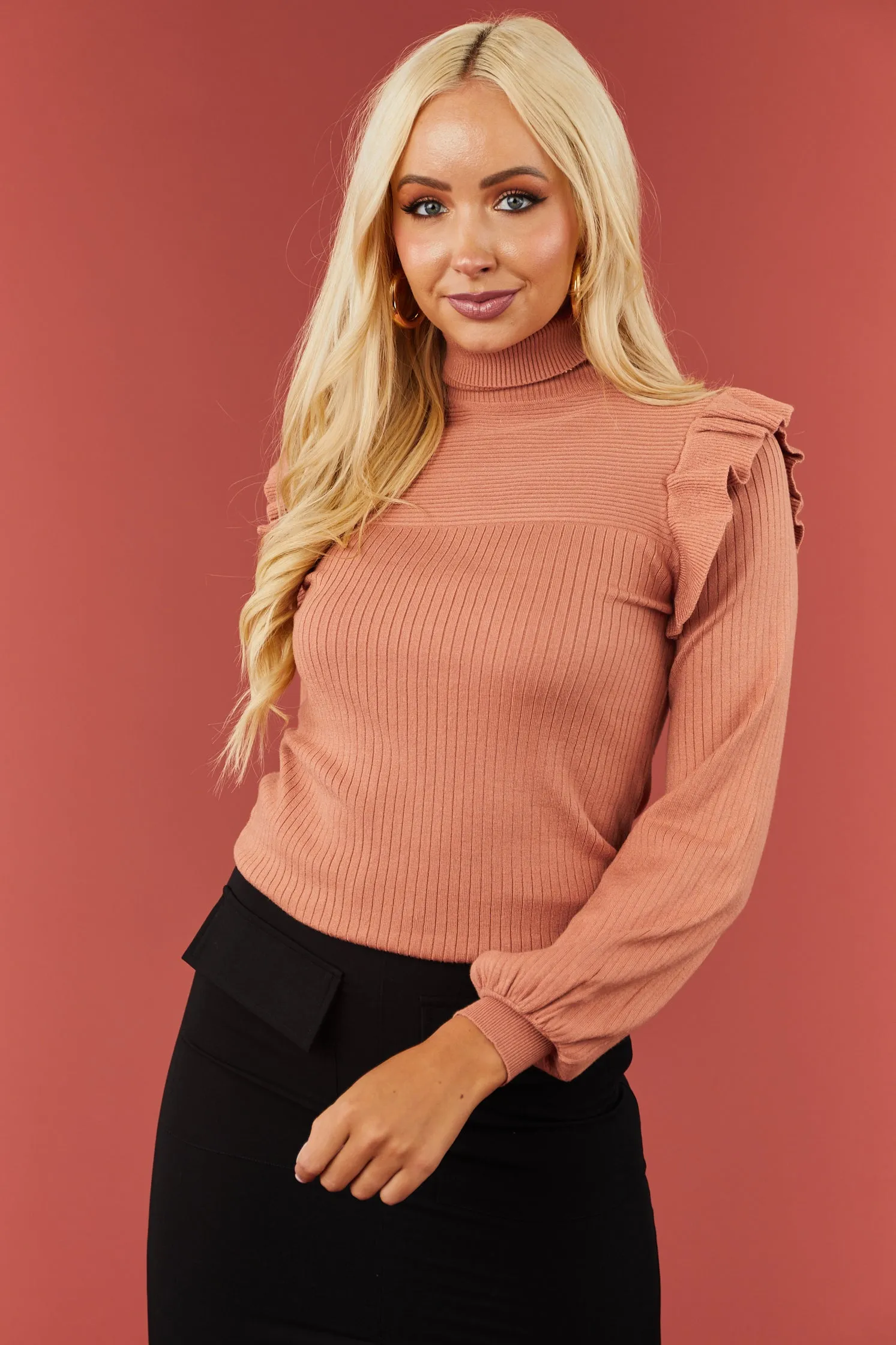 Ginger Ribbed Turtleneck Ruffle Sweater