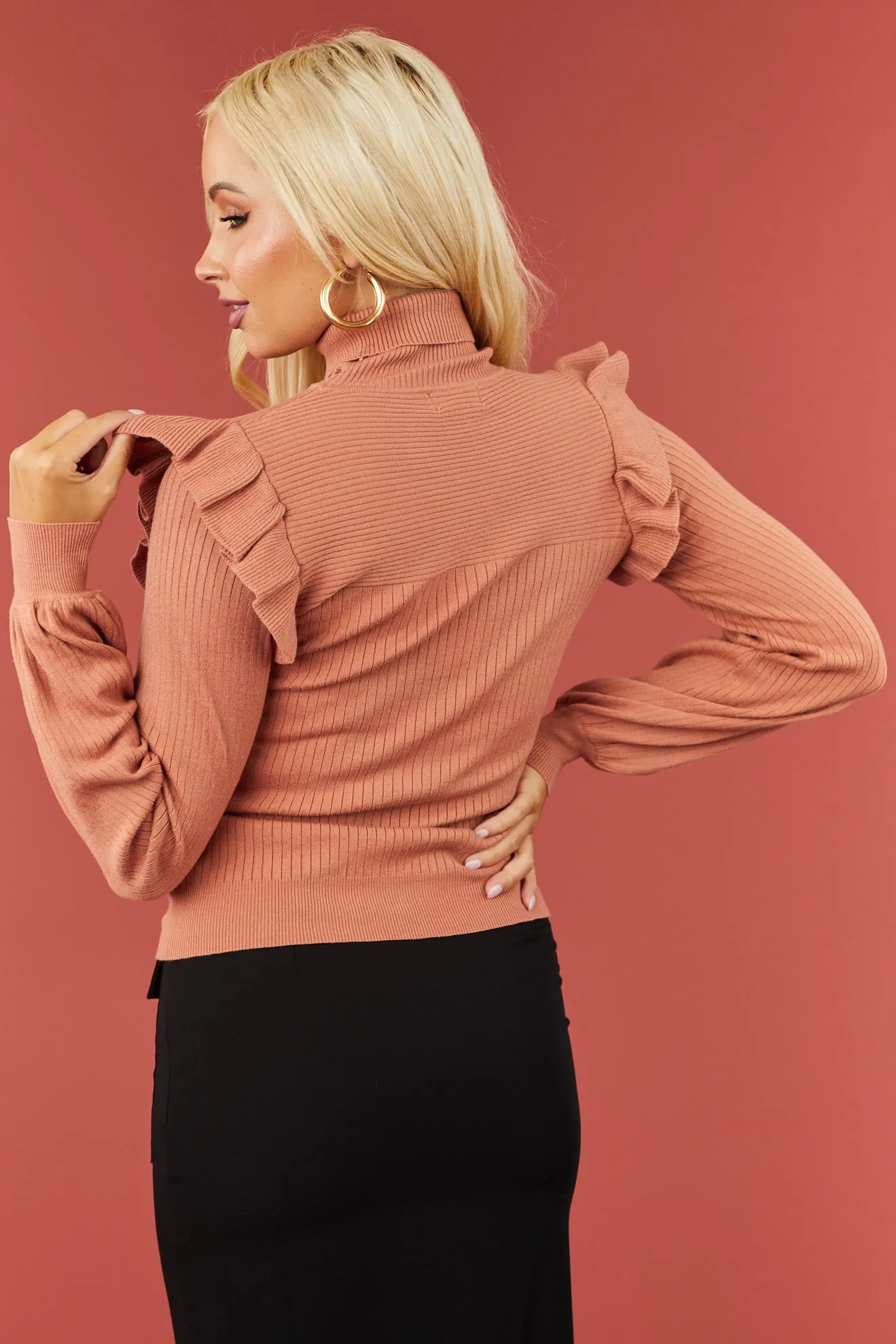 Ginger Ribbed Turtleneck Ruffle Sweater