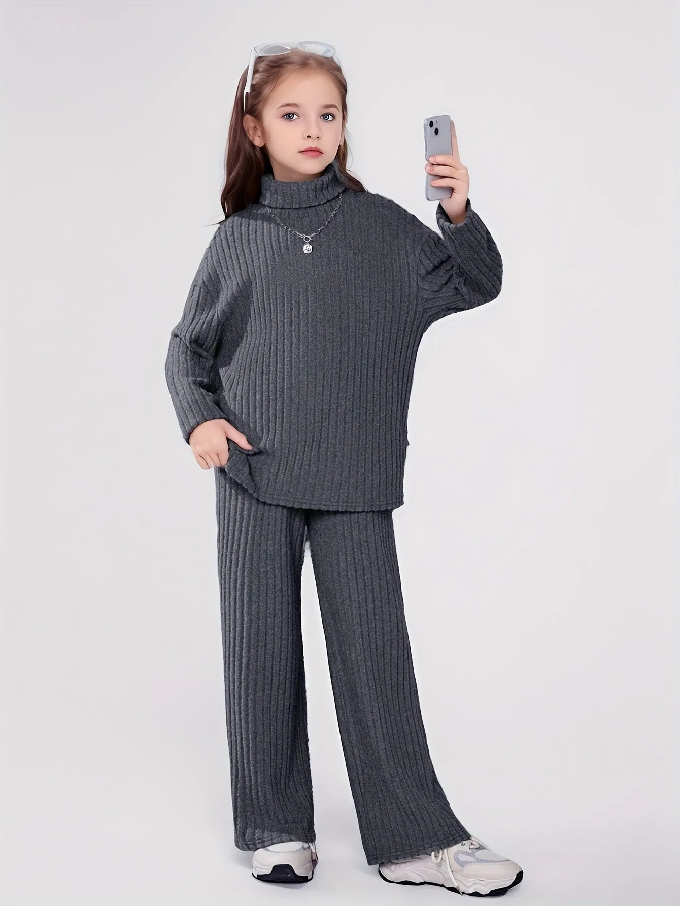 Girls 2pcs Ribbed Outfits, Solid Turtleneck Long Sleeve Pullover Top   Pants Set For Spring Fall Winter Christmas Gift Party, Outdoor Clothing