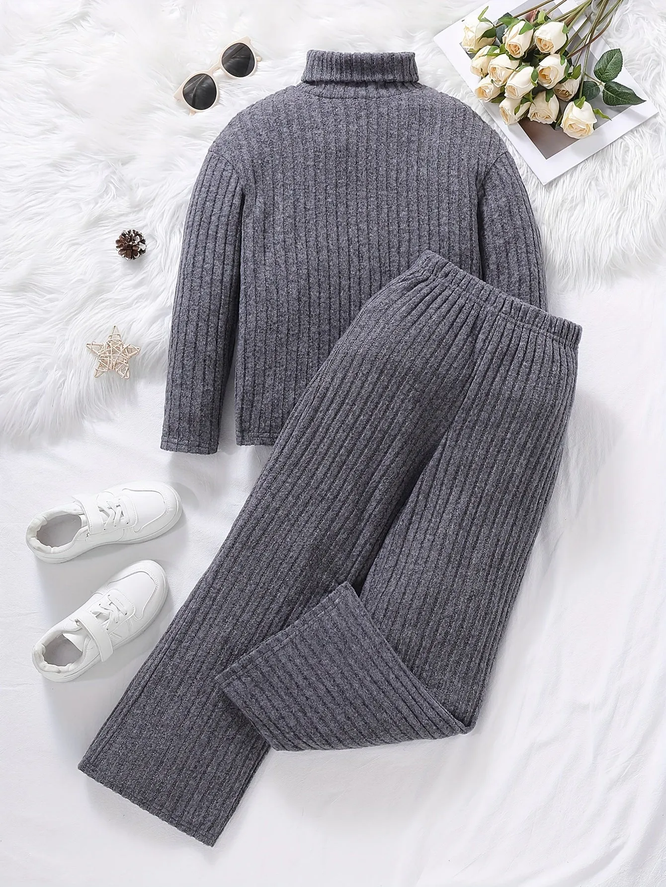 Girls 2pcs Ribbed Outfits, Solid Turtleneck Long Sleeve Pullover Top   Pants Set For Spring Fall Winter Christmas Gift Party, Outdoor Clothing