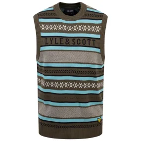 Glen Fair Isle Cotton Knit Crew Neck Vest Olive - AW23