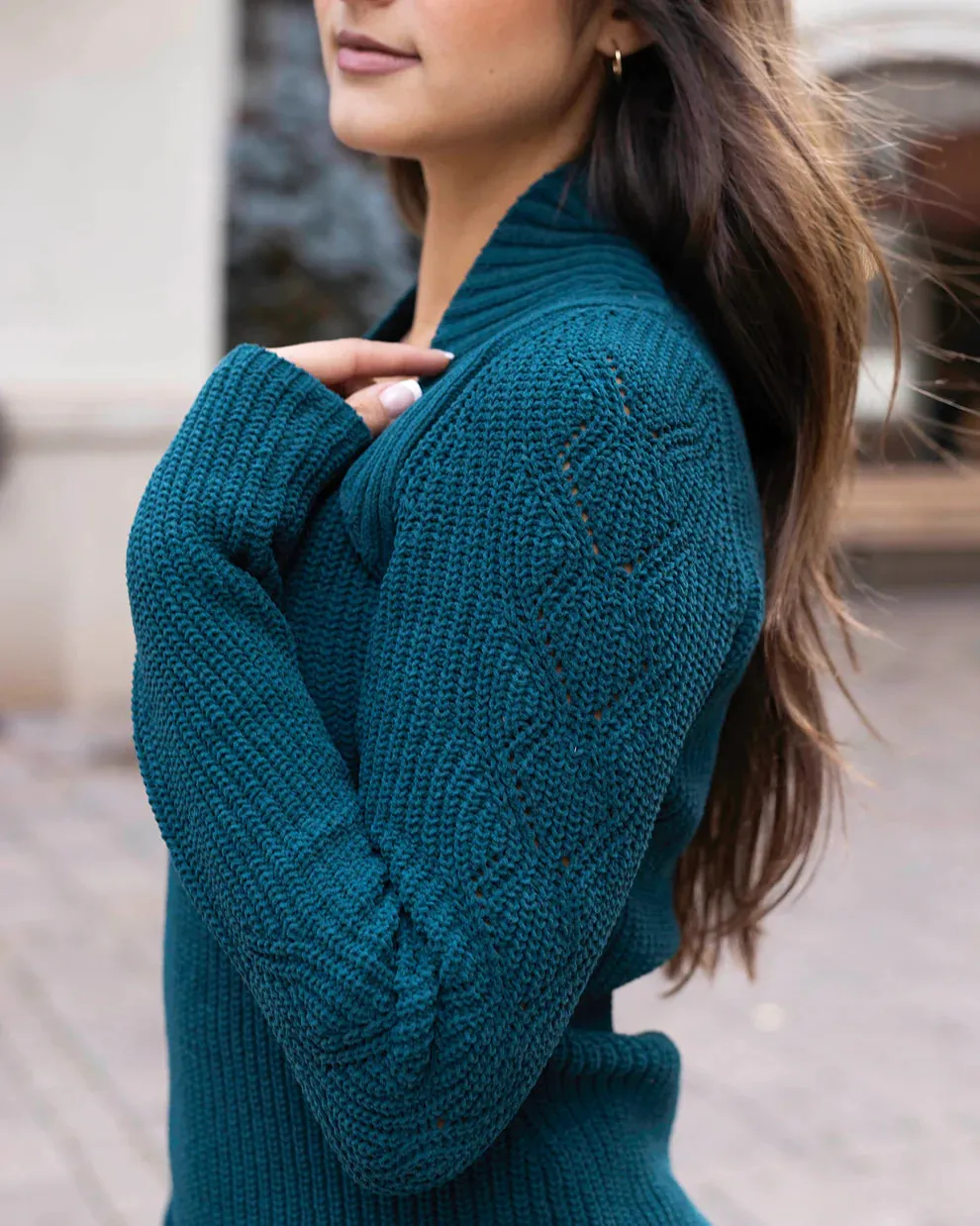 Grace & Lace Cabled Sleeve Shrug Sweater - Deep Teal