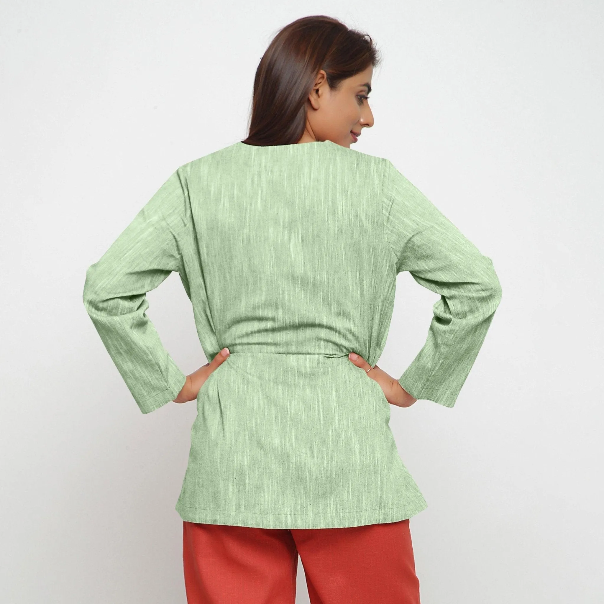 Green Yarn Dyed Cotton Flared V-Neck Jacket