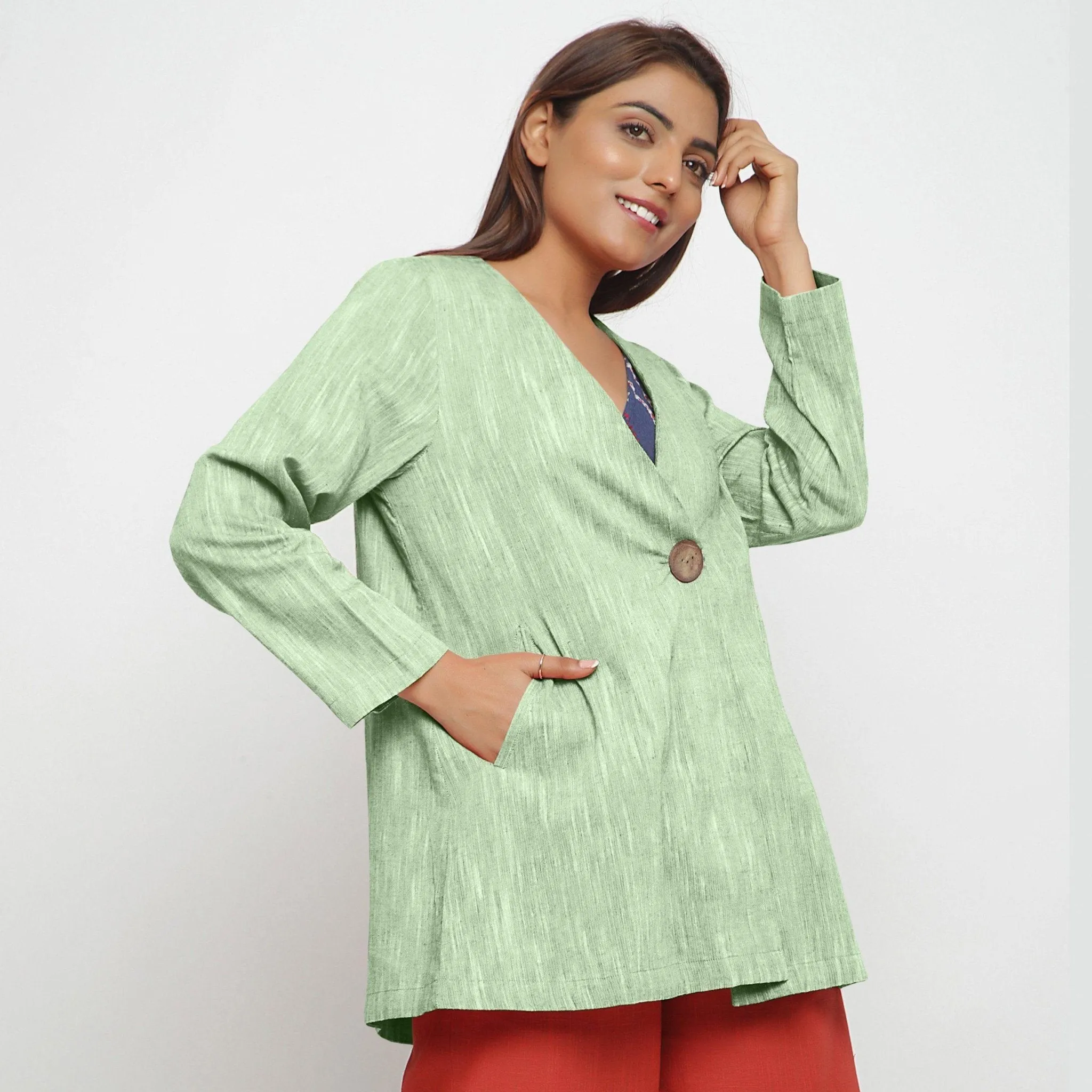 Green Yarn Dyed Cotton Flared V-Neck Jacket