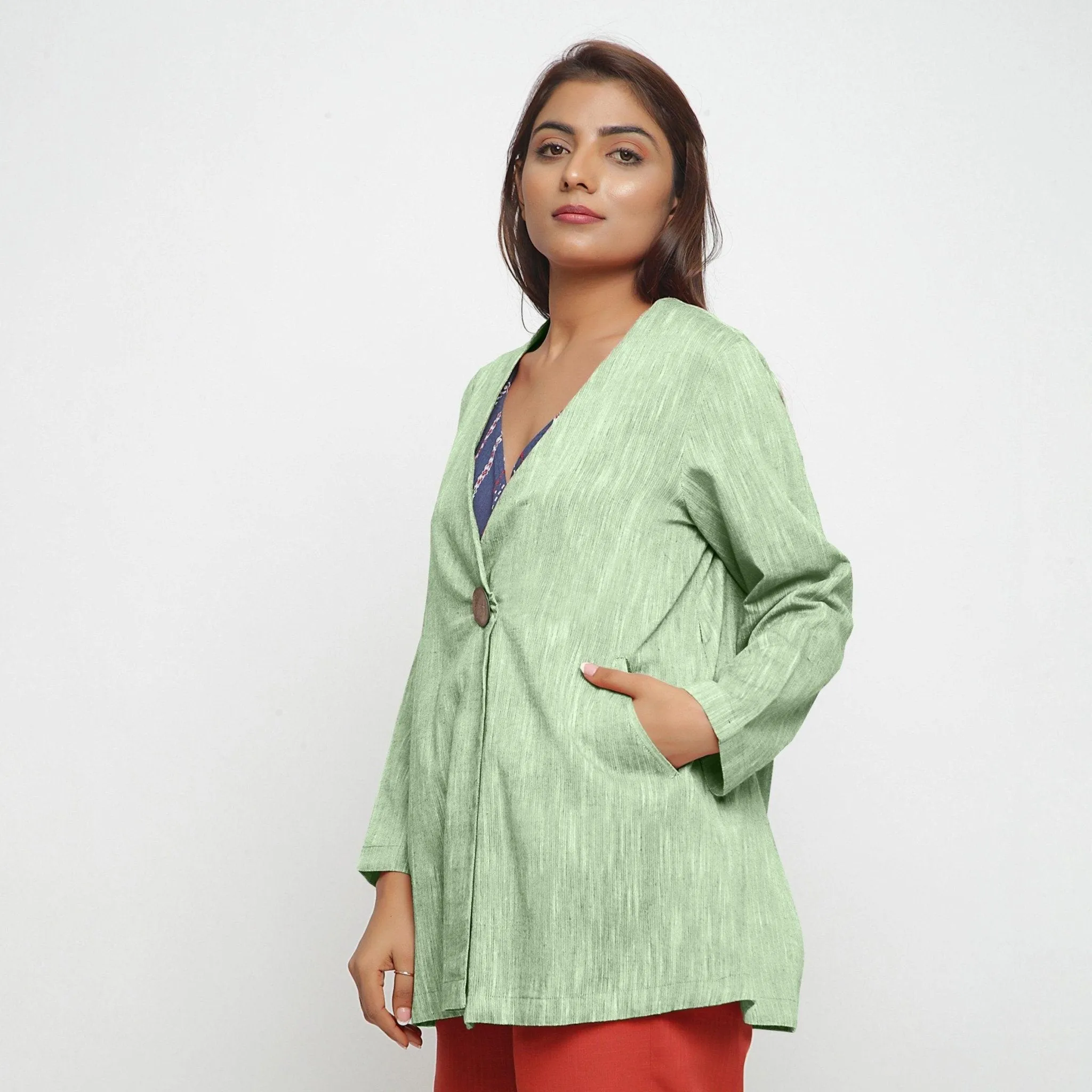 Green Yarn Dyed Cotton Flared V-Neck Jacket