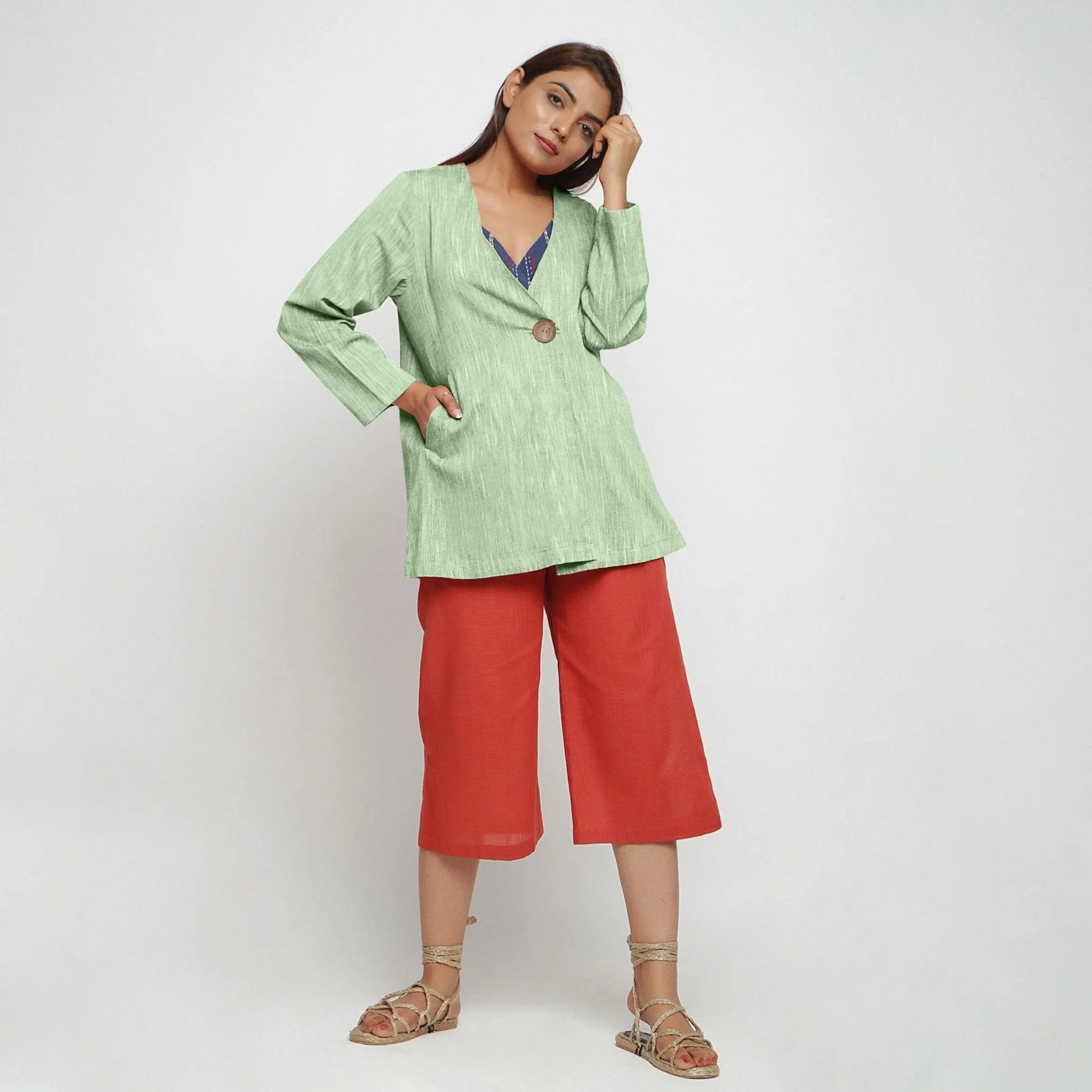 Green Yarn Dyed Cotton Flared V-Neck Jacket