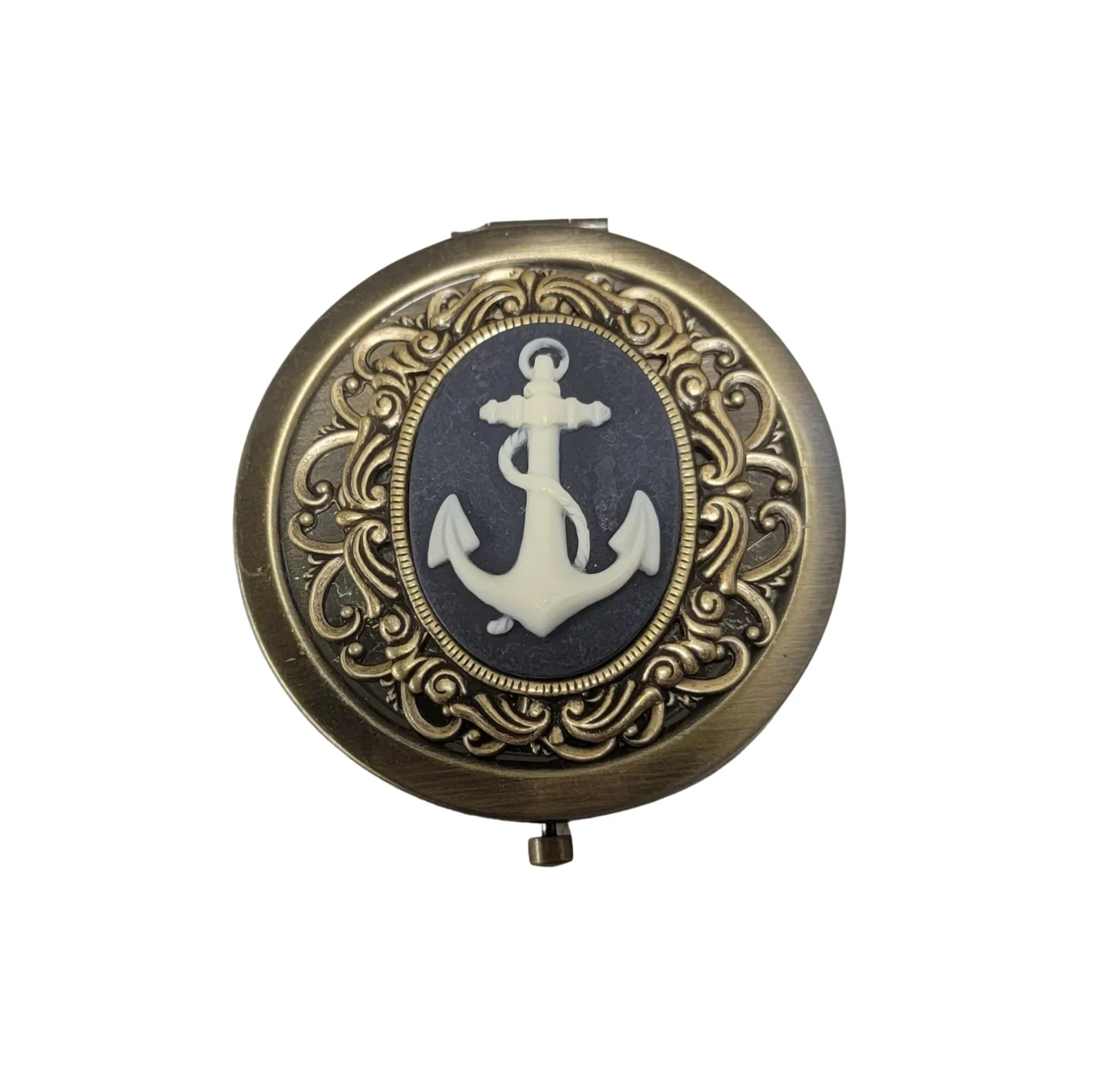 Handmade Victorian Oxidized Brass Anchor Cameo Compact Mirror