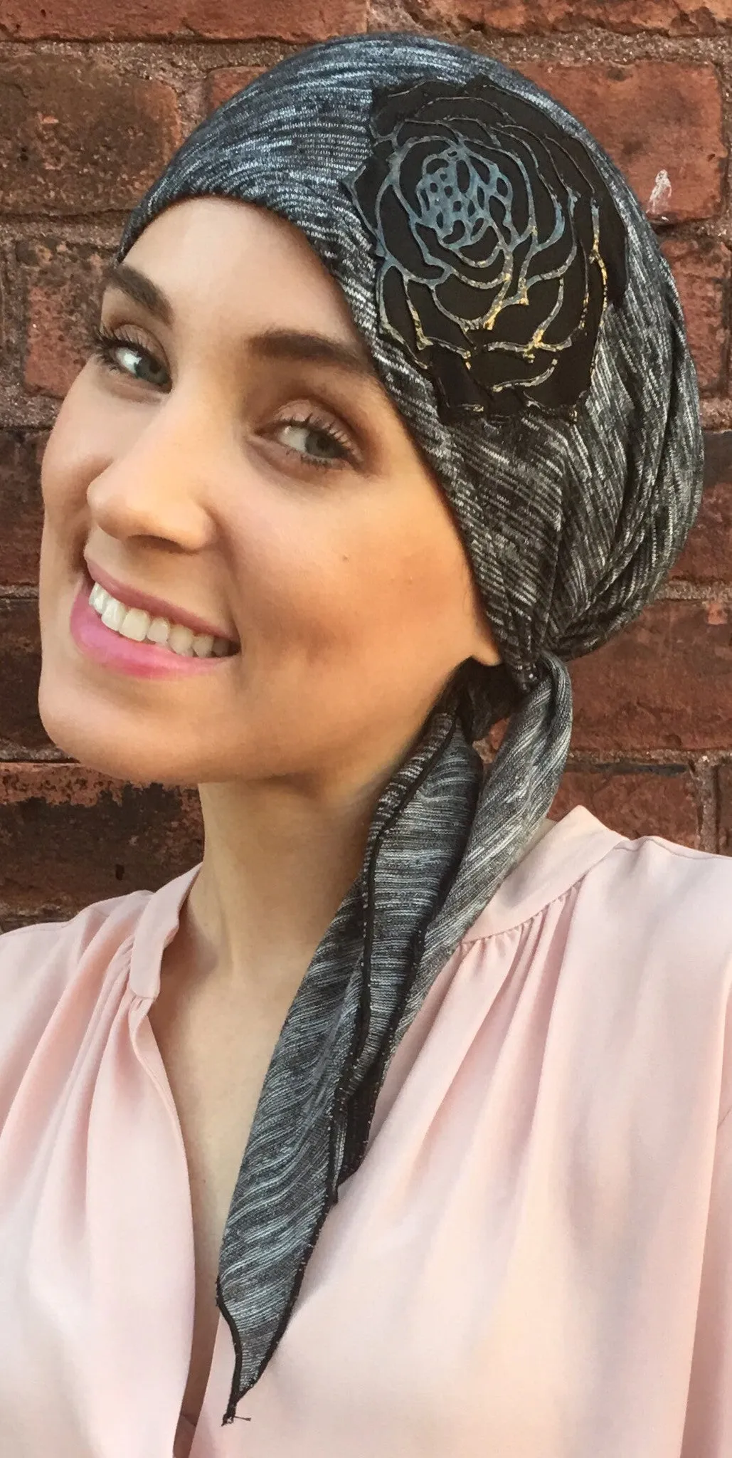 Headscarf For Women | |Lightweight Comfortable Pre-Tied Head Scarf With Black Leather Look Flower For Jewish Muslim Christian African Women | Hair Wrap For Women | Made in USA