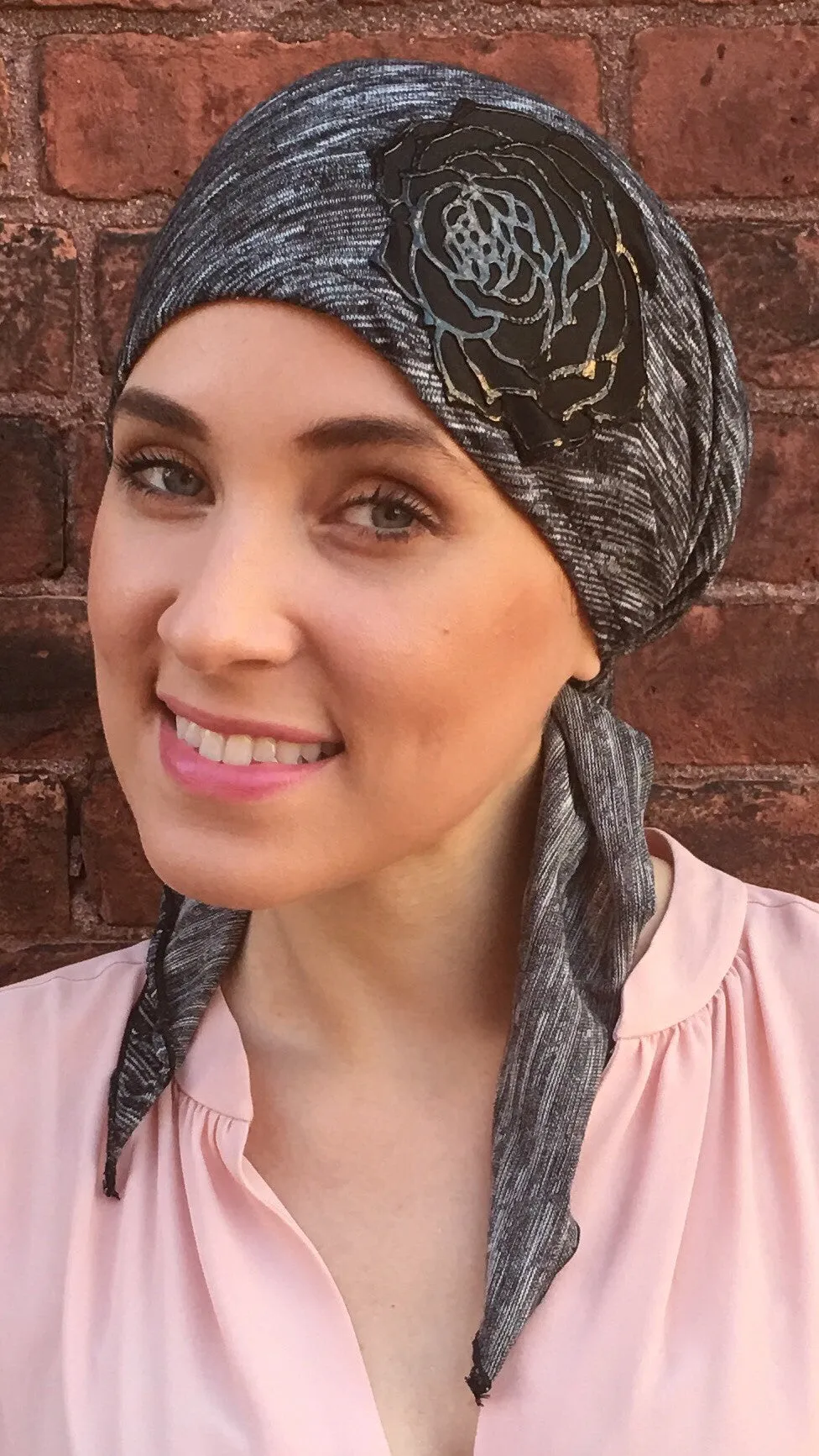 Headscarf For Women | |Lightweight Comfortable Pre-Tied Head Scarf With Black Leather Look Flower For Jewish Muslim Christian African Women | Hair Wrap For Women | Made in USA